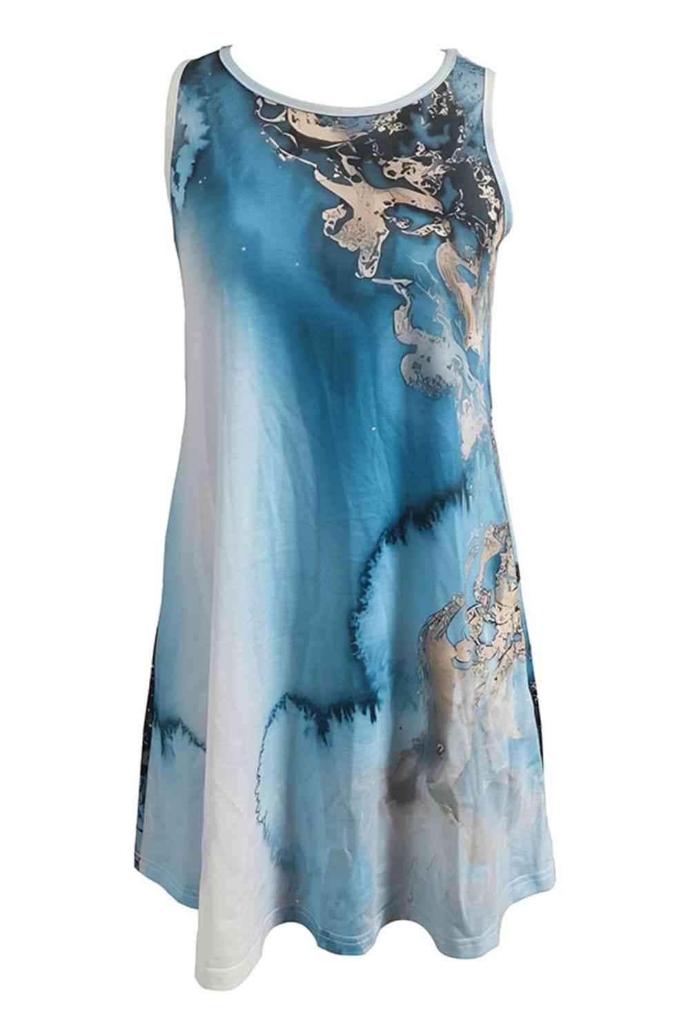 Abstract Print Round Neck Sleeveless Dress with Pockets -BazaarBey - www.shopbazaarbey.com