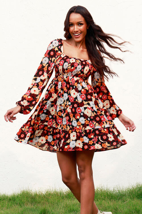 Floral Smocked Balloon Sleeve Tiered Dress -BazaarBey - www.shopbazaarbey.com