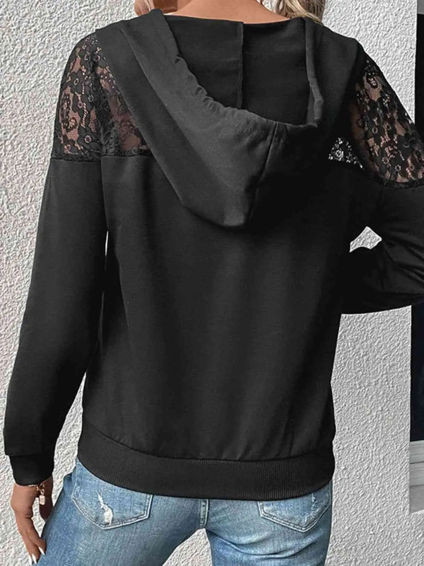 Lace Trim Dropped Shoulder Hoodie Bazaarbey