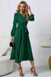 V-Neck Long Sleeve Tie Waist Midi Dress Bazaarbey