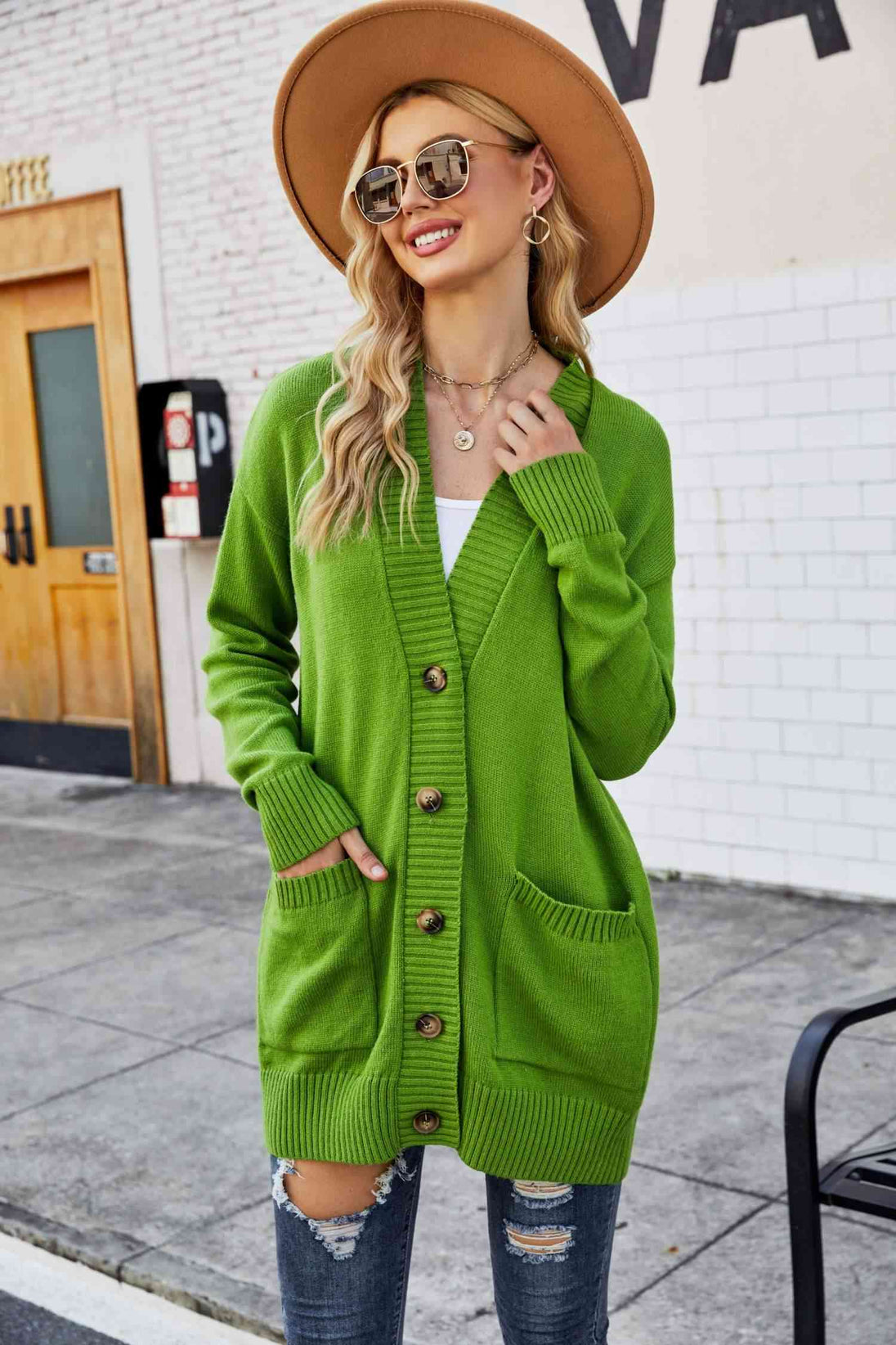  Ribbed Trim Dropped Shoulder Pocketed Cardigan Trendsi