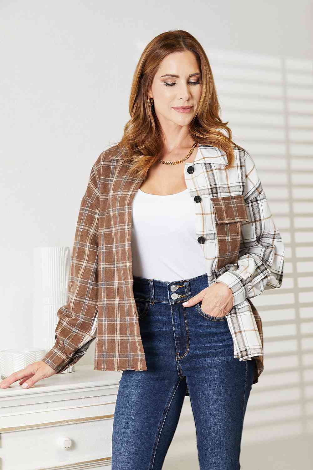  Plaid Contrast Button Up Shirt Jacket Trendsi