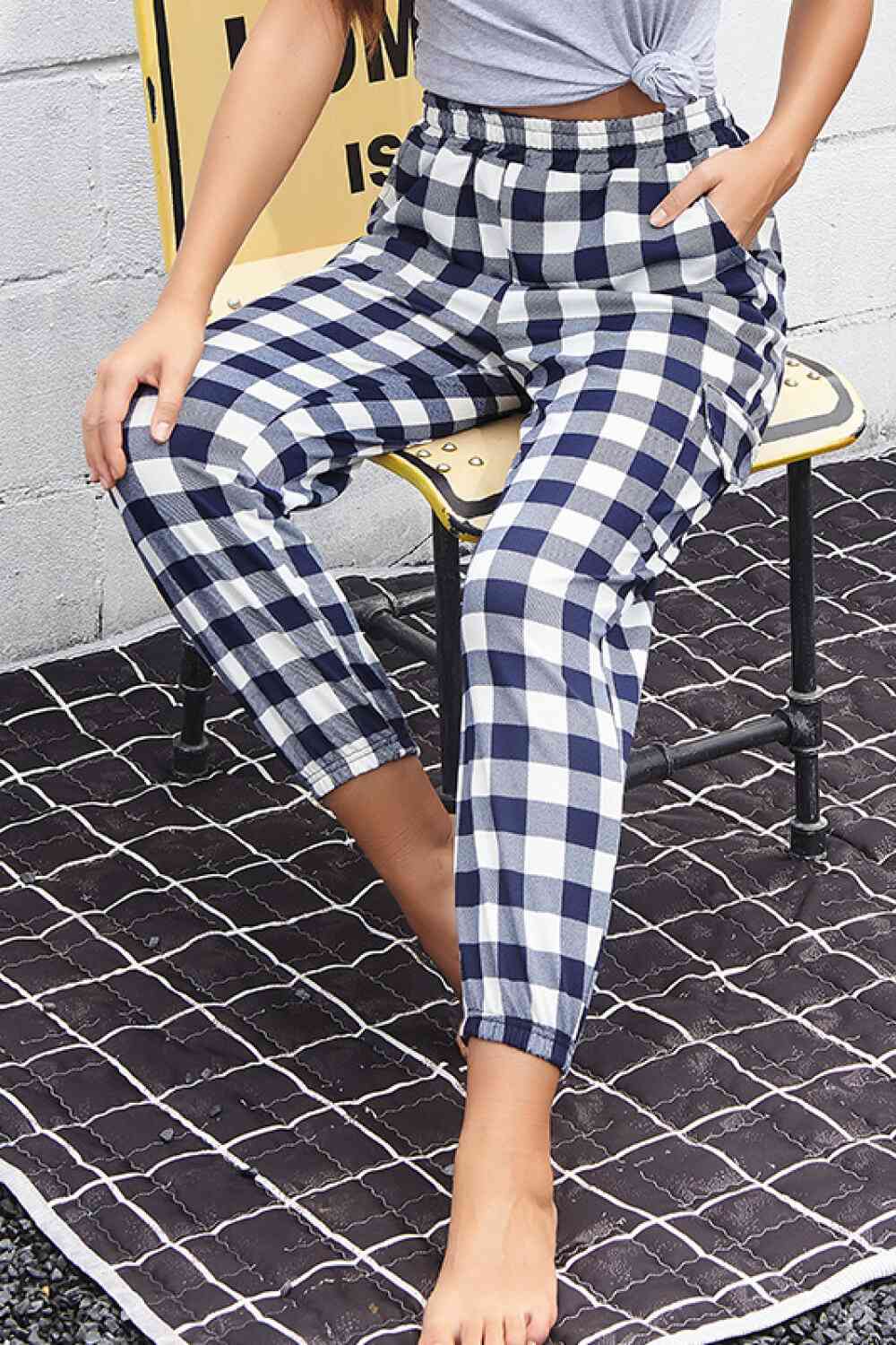 Plaid Elastic High Waist Cargo Pants Bazaarbey