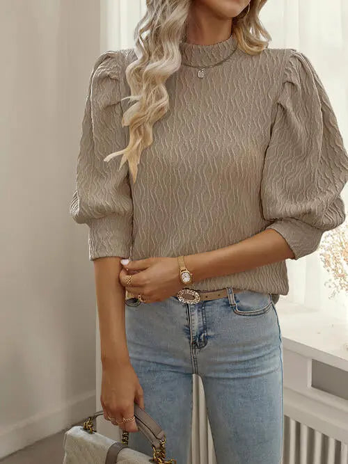 Texture Ruff Sleeve Mock Neck Blouse Trendsi