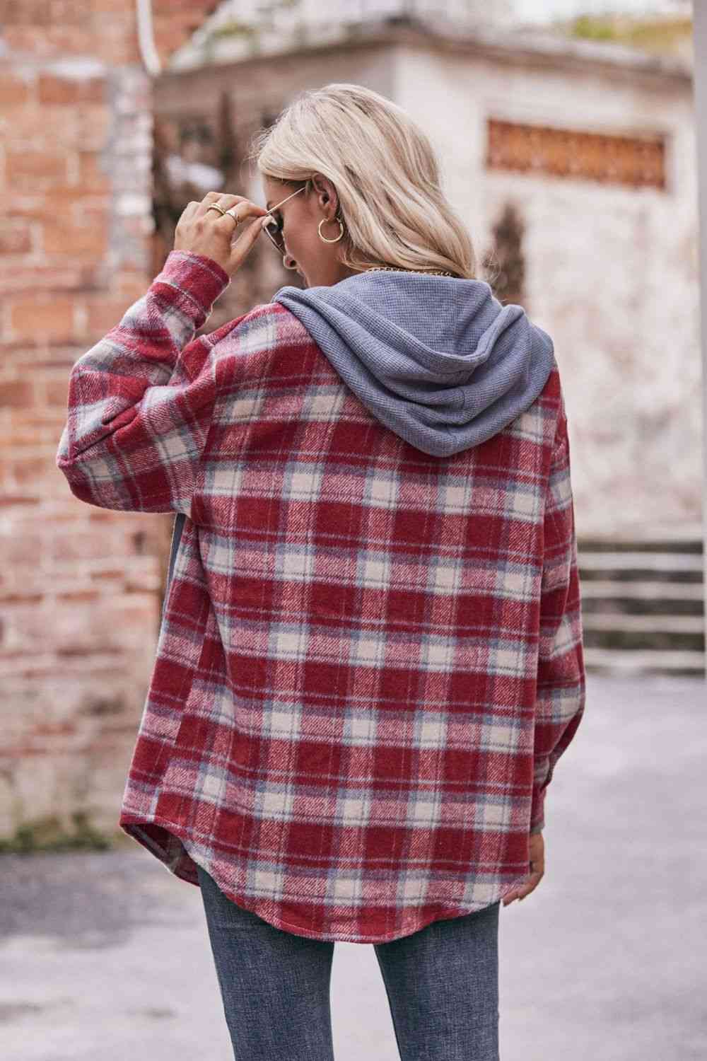 Plaid Dropped Shoulder Hooded Longline Jacket Trendsi