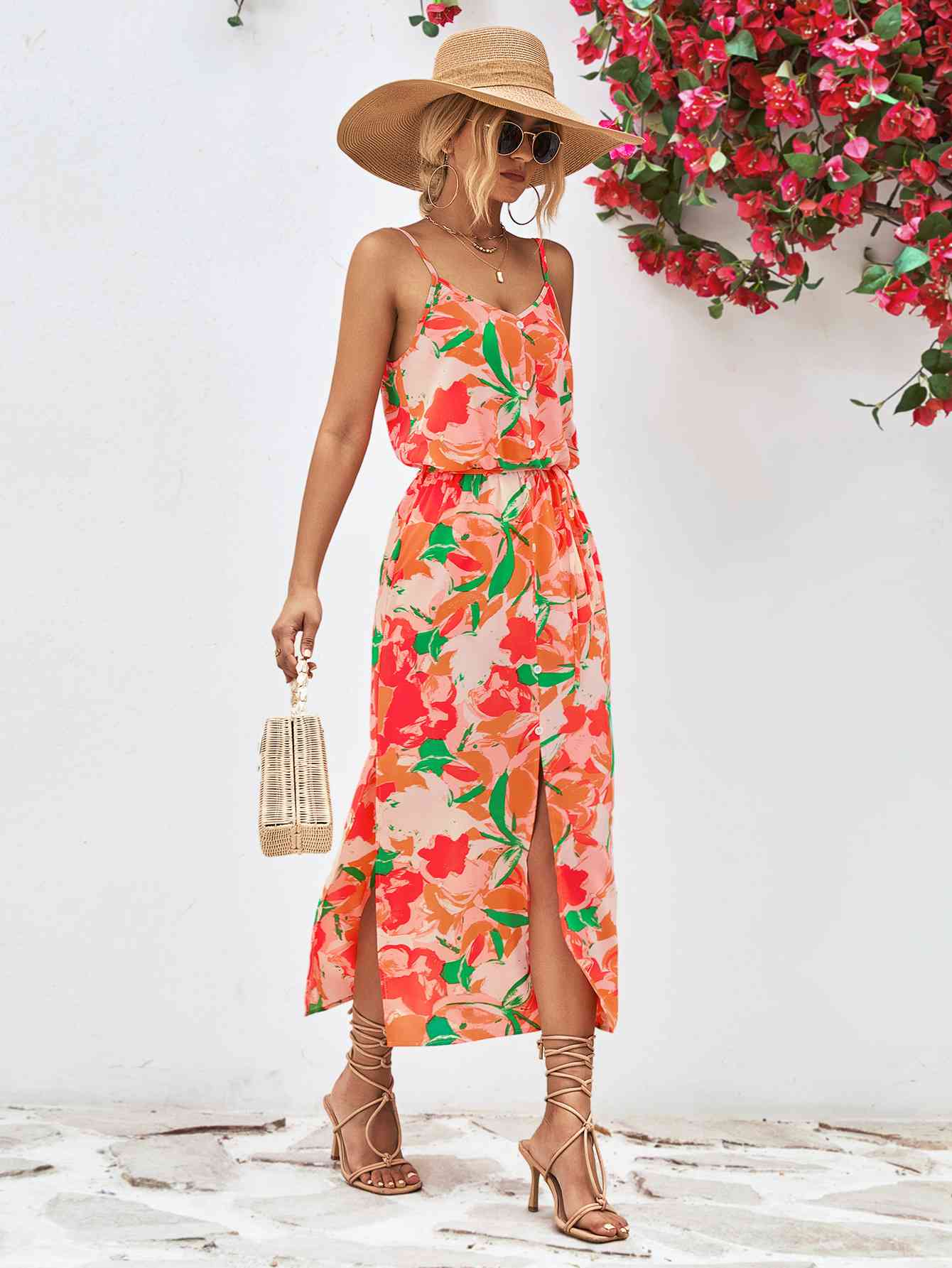 Printed Spaghetti Strap Front Slit Dress -BazaarBey - www.shopbazaarbey.com