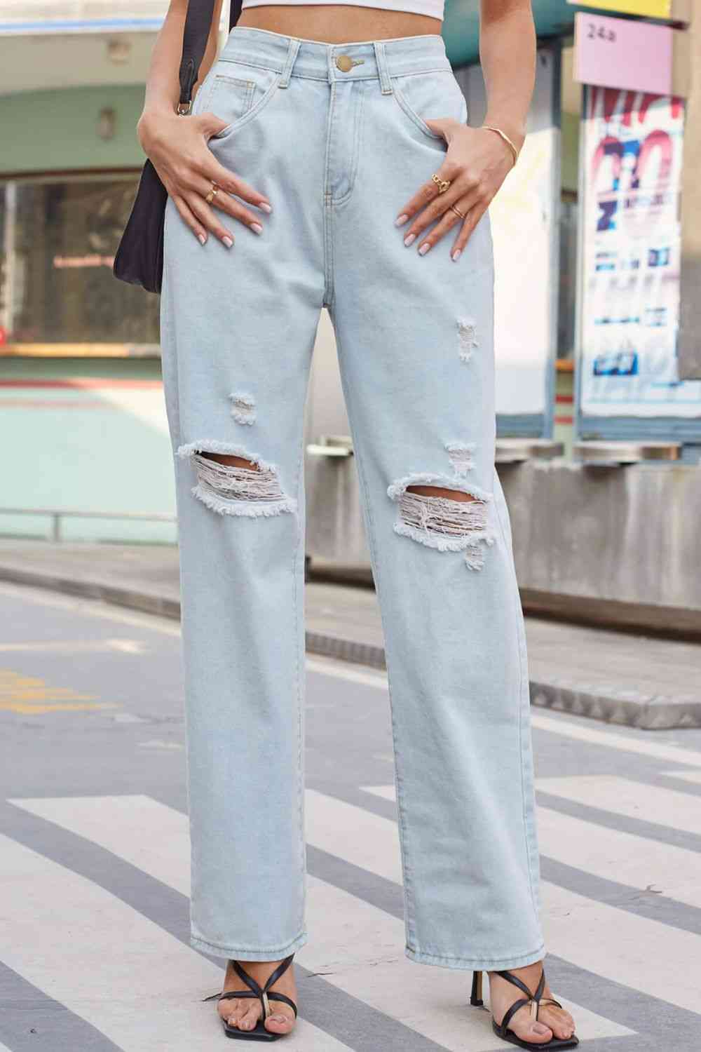  Distressed Straight Leg Jeans with Pockets Bazaarbey