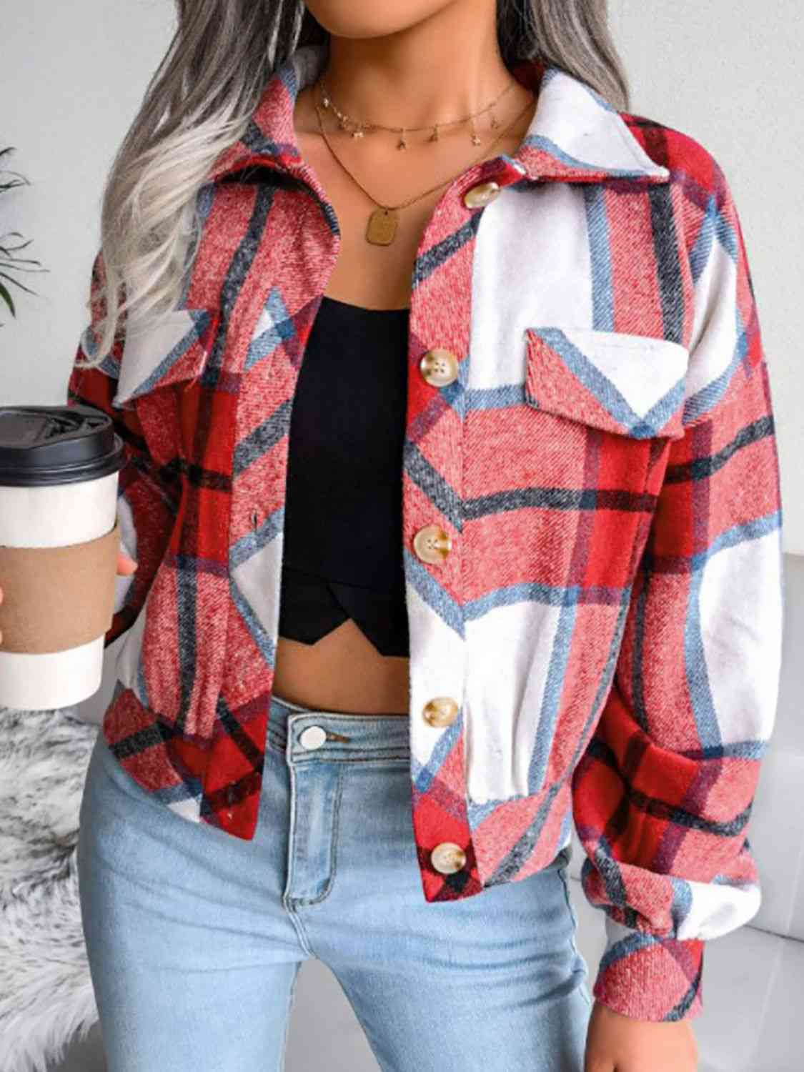 Plaid Collared Neck Drop Shoulder Jacket Trendsi