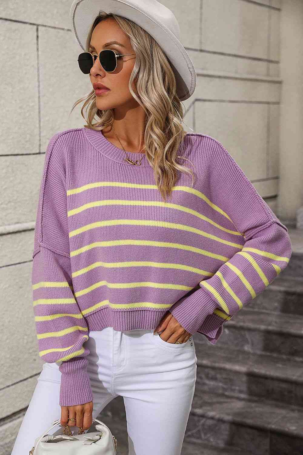 Striped Dropped Shoulder Round Neck Pullover Sweater Bazaarbey