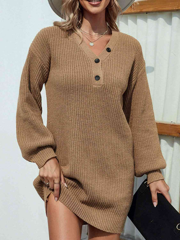 Buttoned V-Neck Sweater Dress Bazaarbey