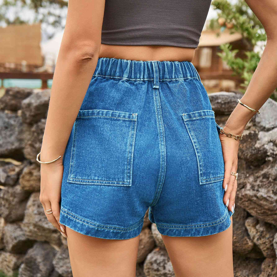 High-Waist Denim Shorts with Pockets Bazaarbey