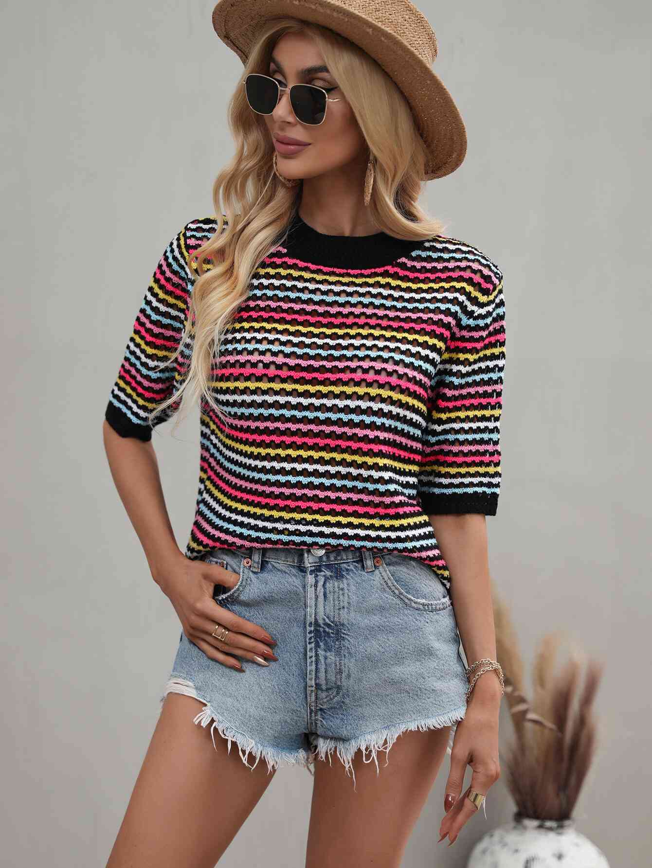 Striped  Half Sleeve Knit Top Trendsi