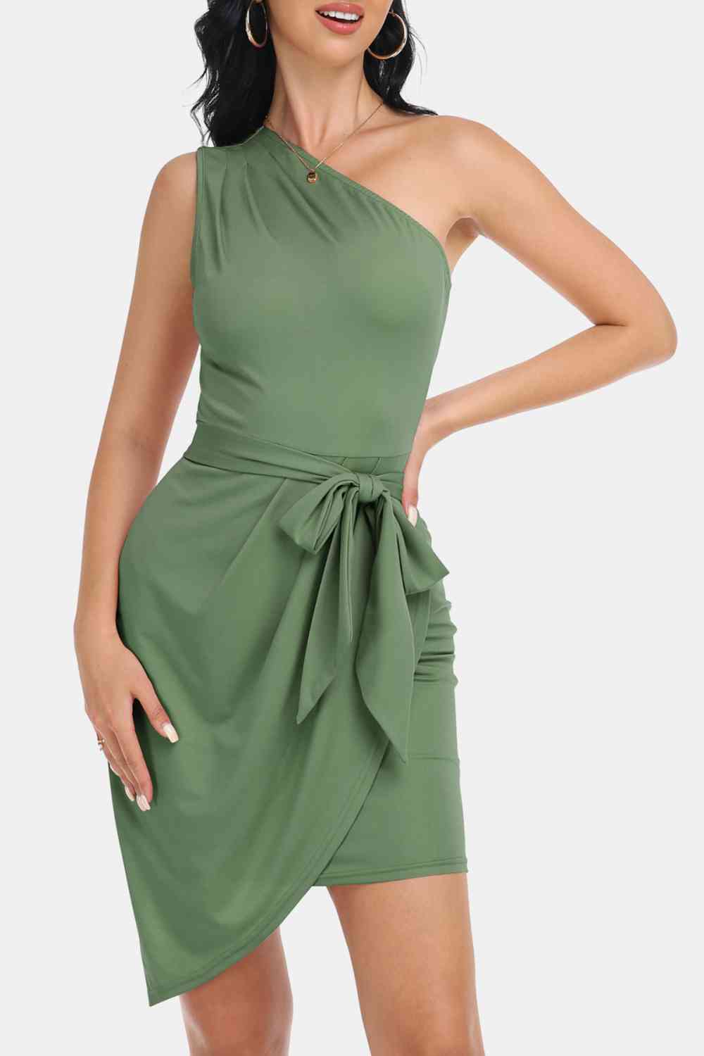 Tie Front One-Shoulder Sleeveless Dress -BazaarBey - www.shopbazaarbey.com