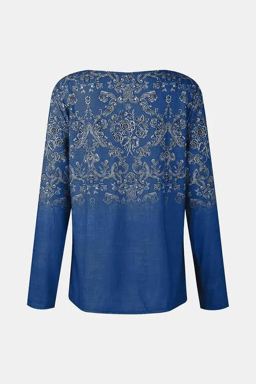 Printed Notched Long Sleeve T-Shirt Trendsi