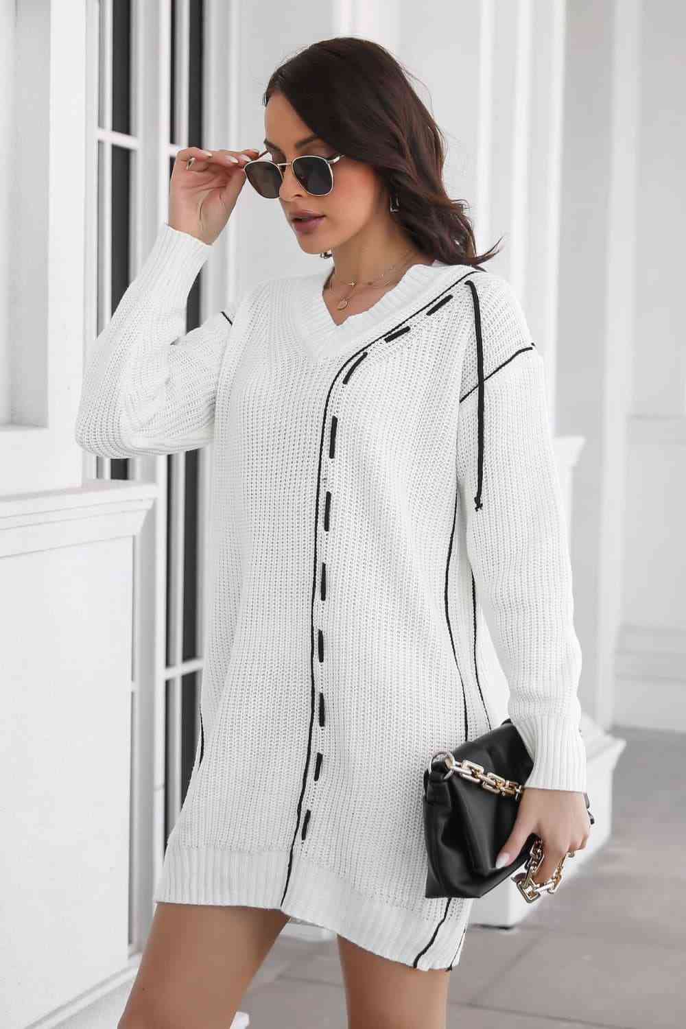 Contrast V-Neck Sweater Dress Bazaarbey