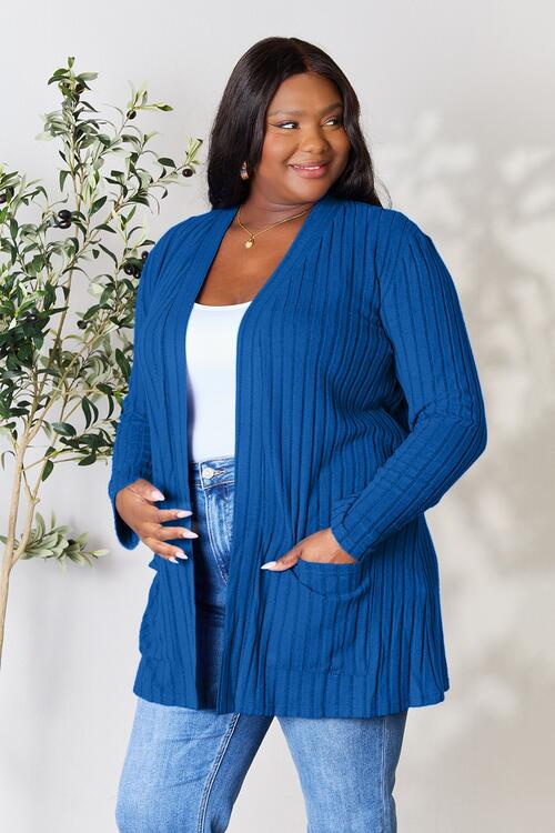   Ribbed Open Front Cardigan with Pockets Bazaarbey