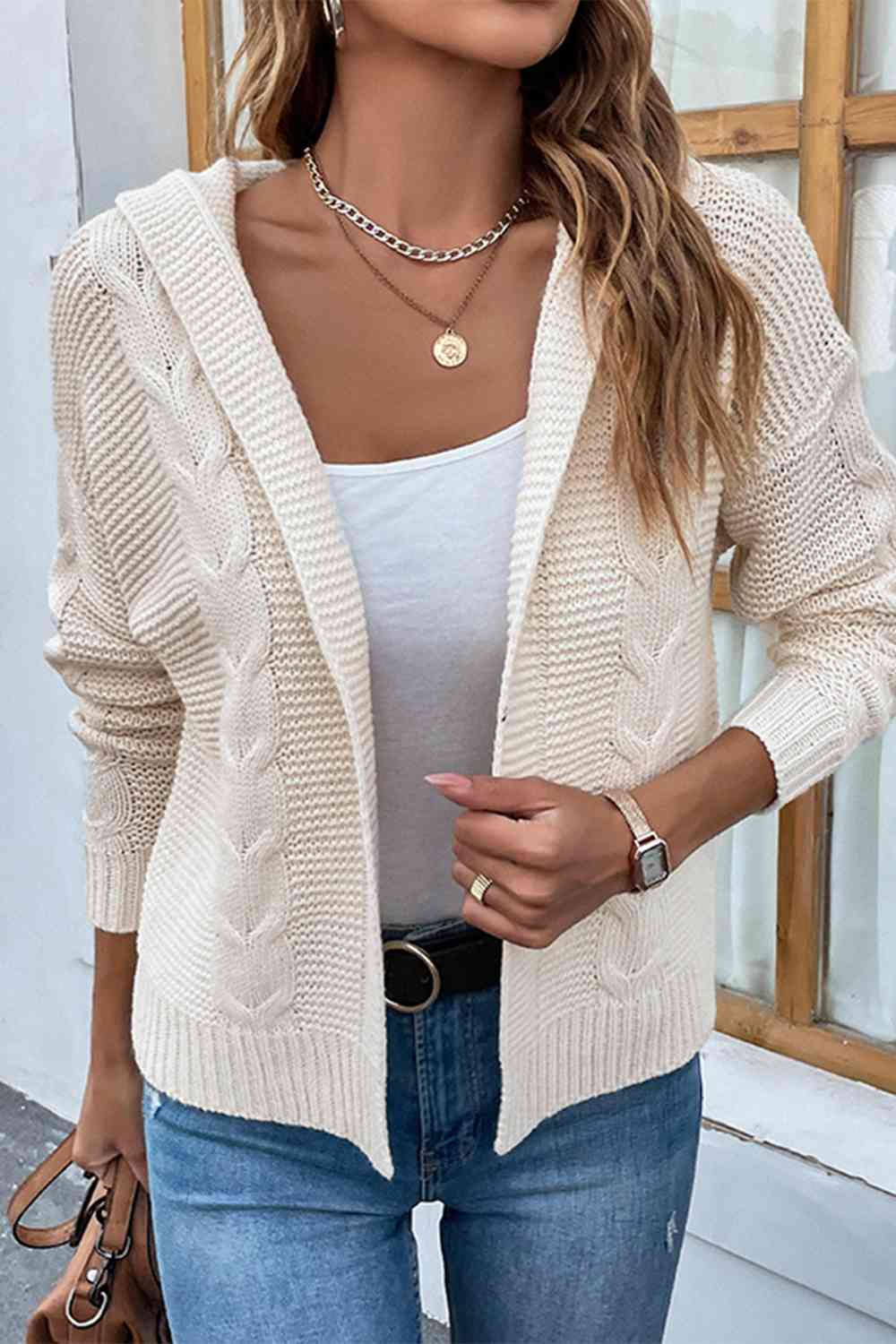 Cable-Knit Dropped Shoulder Hooded Cardigan Bazaarbey