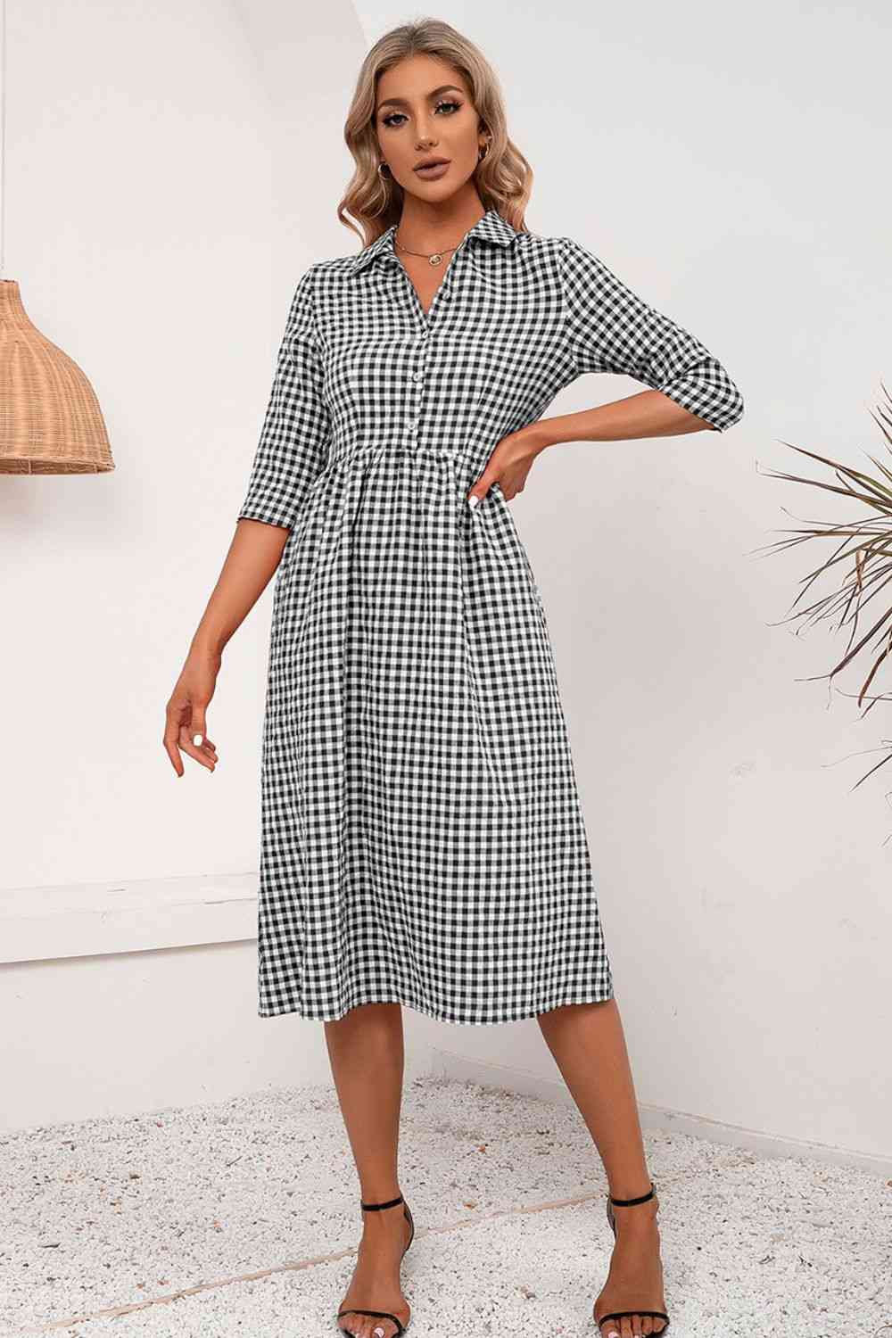 Plaid Collared Neck Midi Dress -BazaarBey - www.shopbazaarbey.com