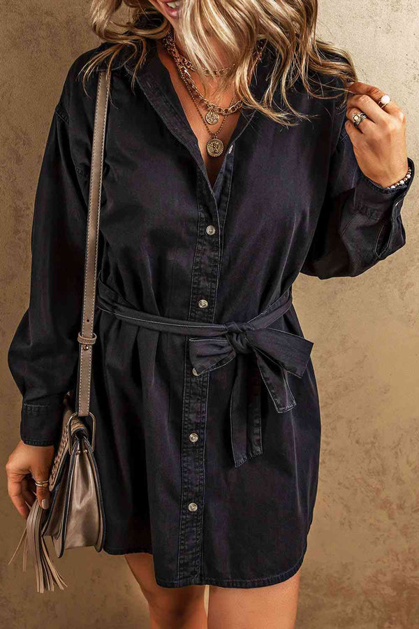 Button Up Collared Neck Denim Dress Trendsi