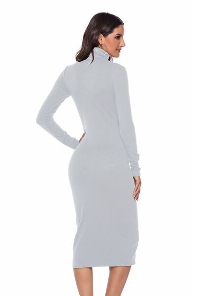 Ribbed Turtleneck Long Sleeve Dress -BazaarBey - www.shopbazaarbey.com