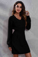 V-Neck Long Sleeve Rib-Knit Sweater Dress Bazaarbey