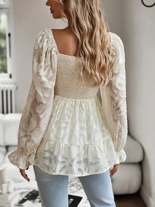 Smocked Flounce Sleeve Peplum Blouse Bazaarbey