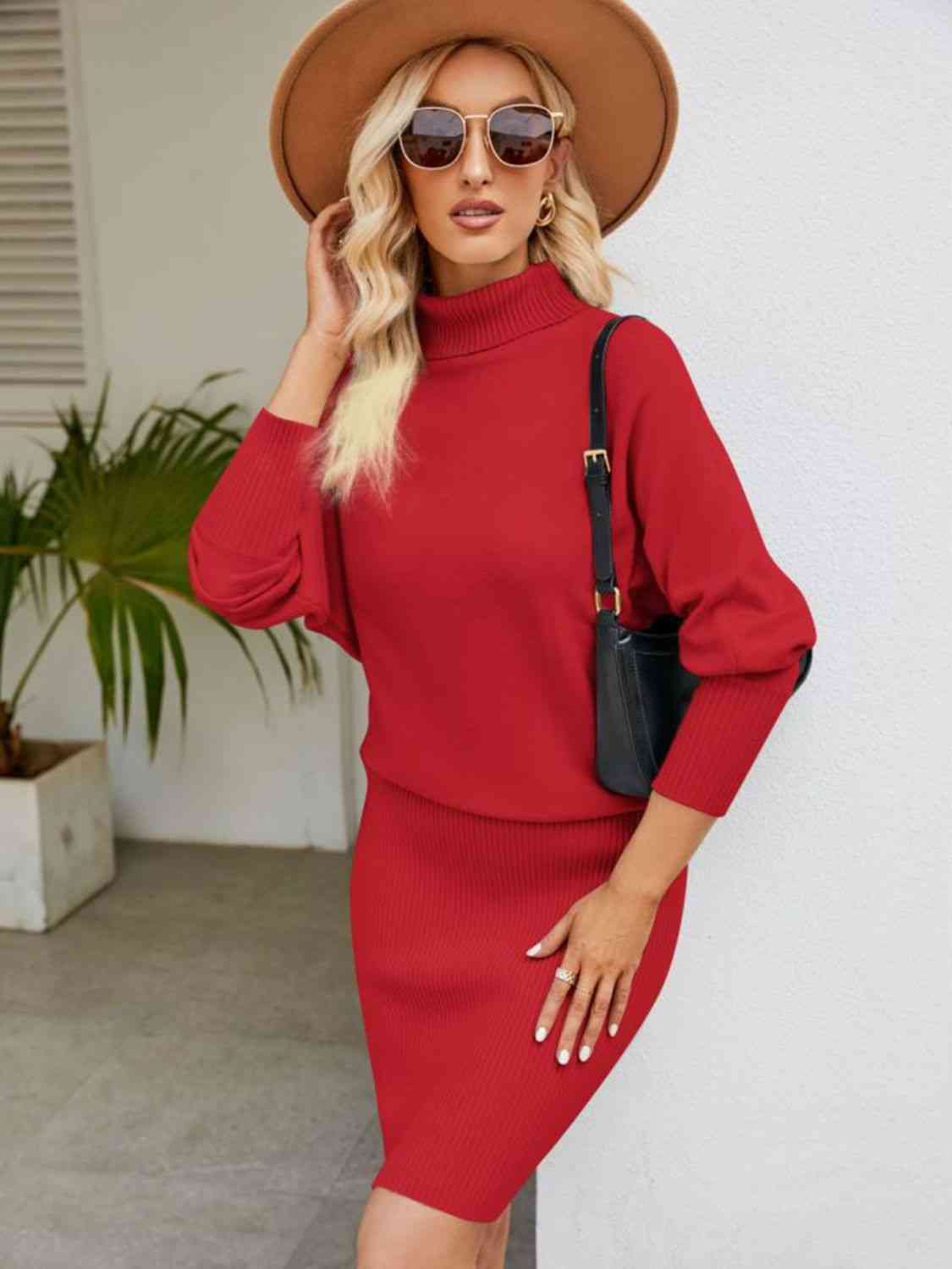 Turtle Neck Long Sleeve Ribbed Sweater Dress Bazaarbey