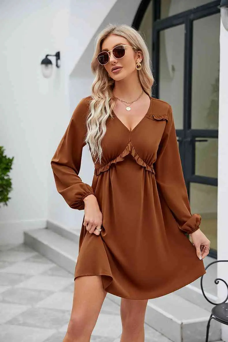 Frill Trim V-Neck Long Sleeve Dress -BazaarBey - www.shopbazaarbey.com