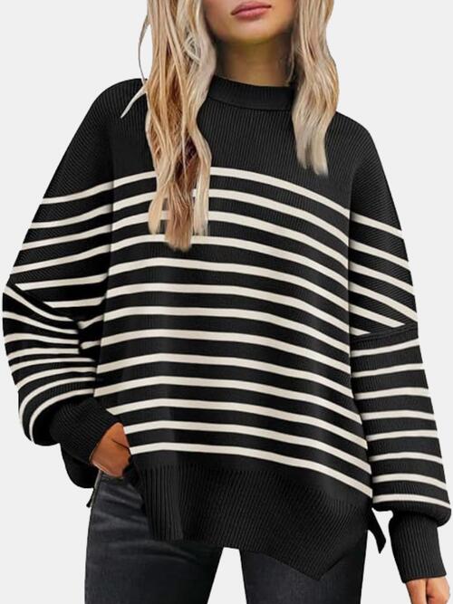 Round Neck Drop Shoulder Slit Sweater Bazaarbey