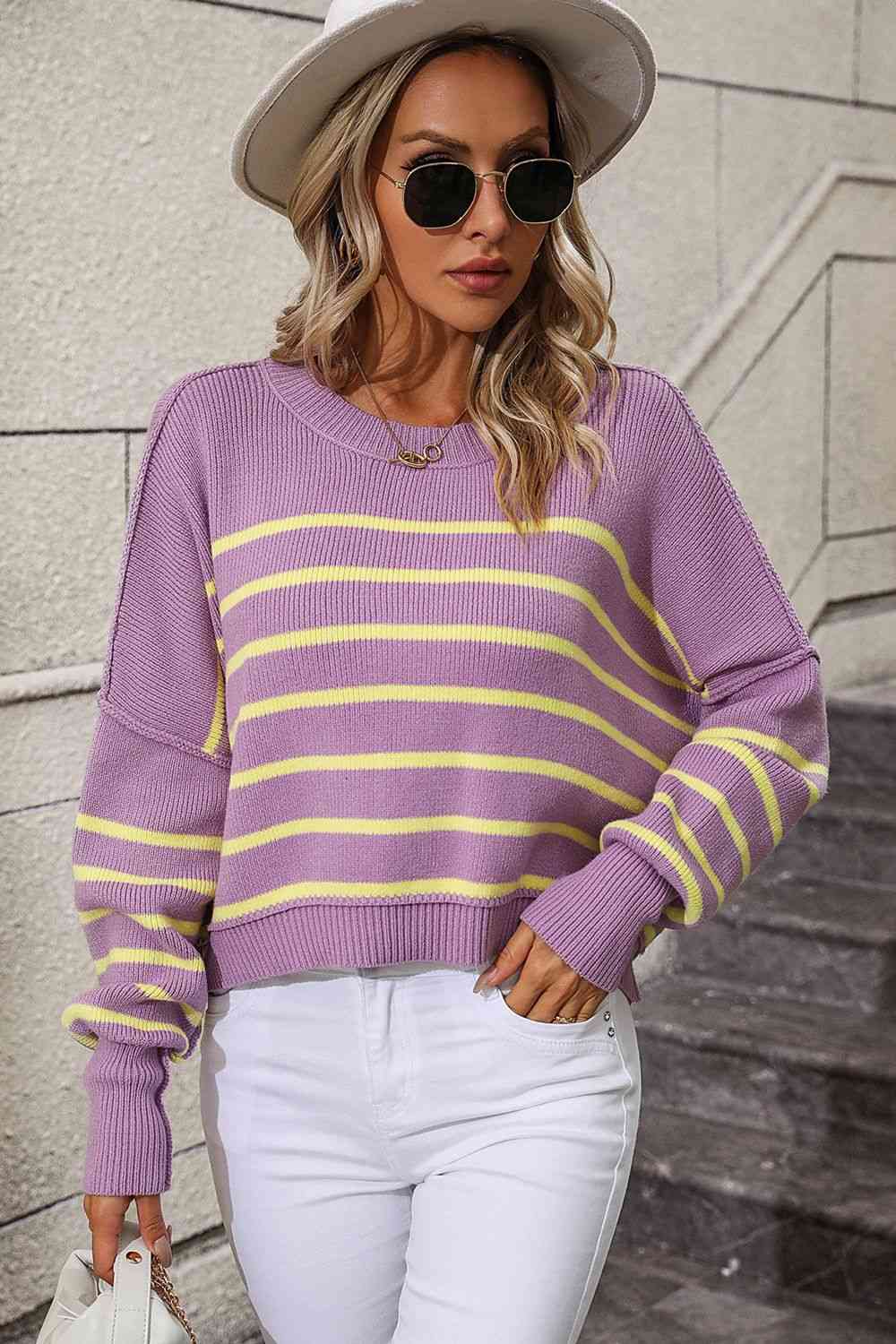 Striped Dropped Shoulder Round Neck Pullover Sweater Bazaarbey