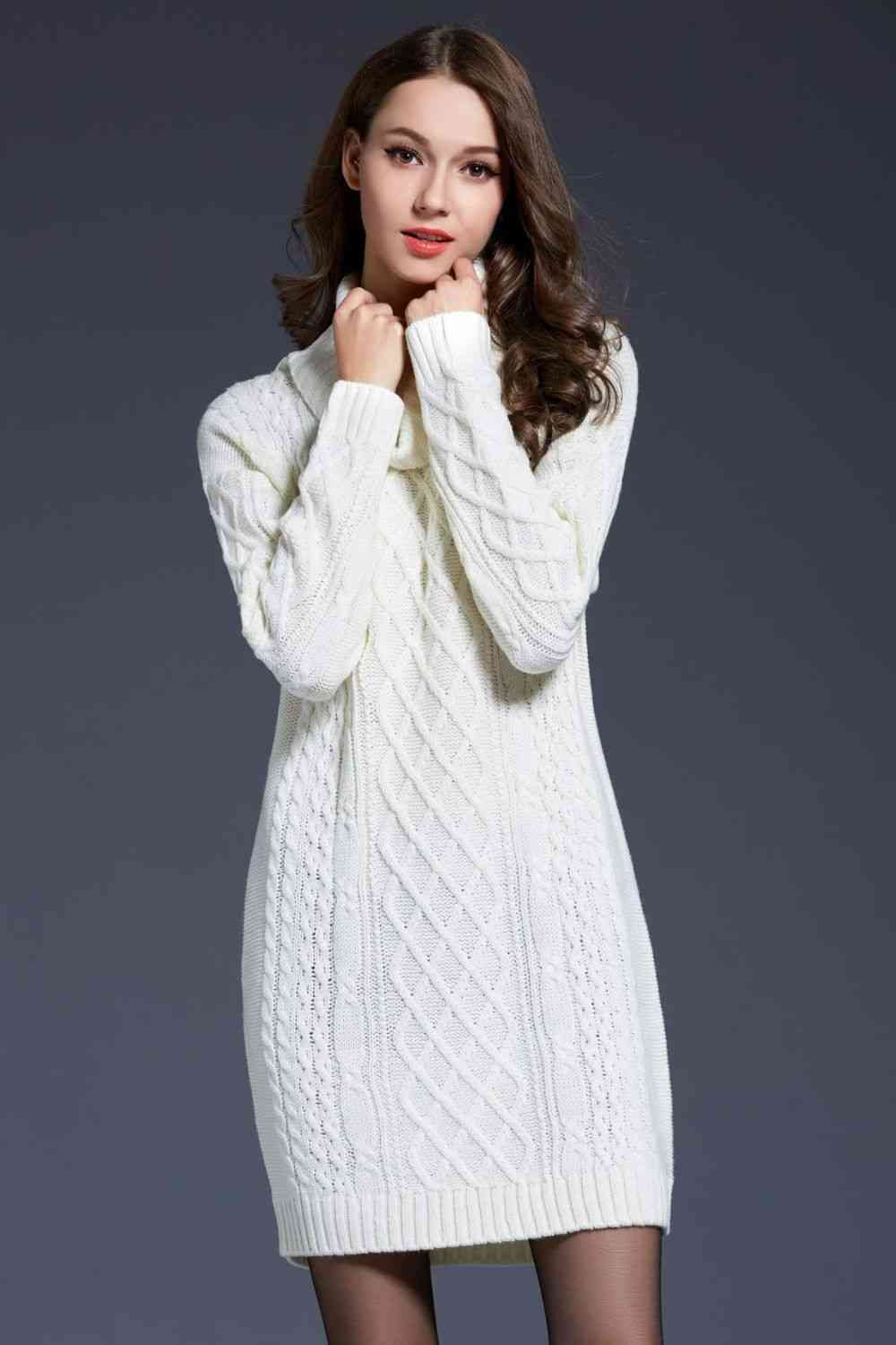 Woven Right Full Size Mixed Knit Cowl Neck Dropped Shoulder Sweater Dress Bazaarbey