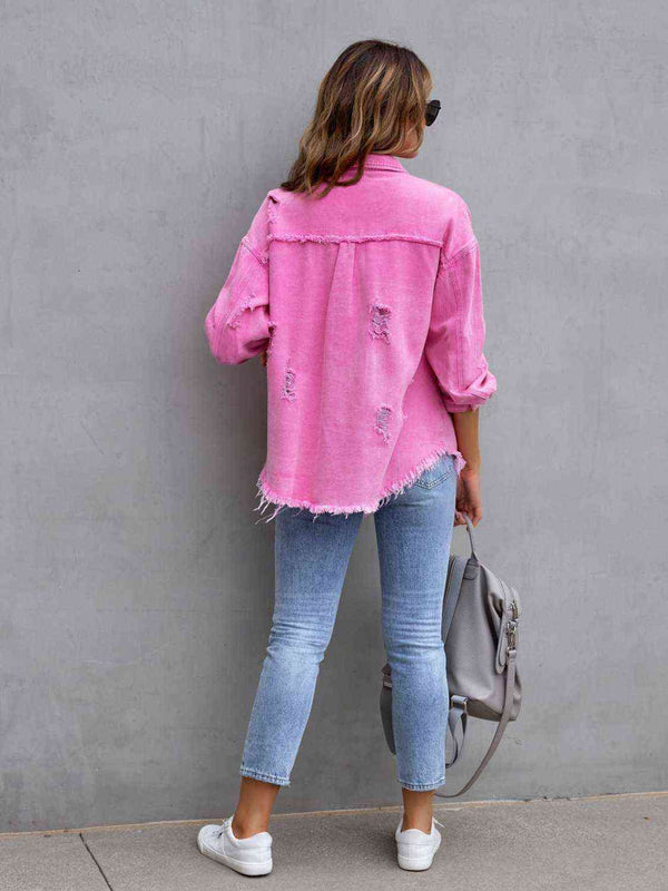 Distressed Drop Shoulder Denim Jacket Bazaarbey