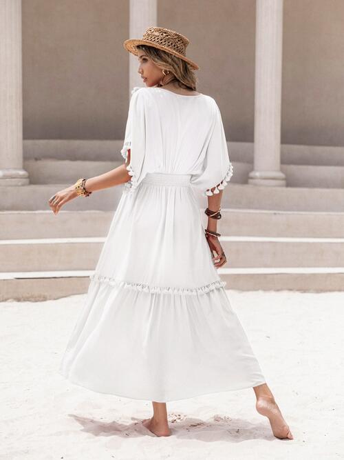 Tassel Trim Smocked V-Neck Short Sleeve Dress Bazaarbey