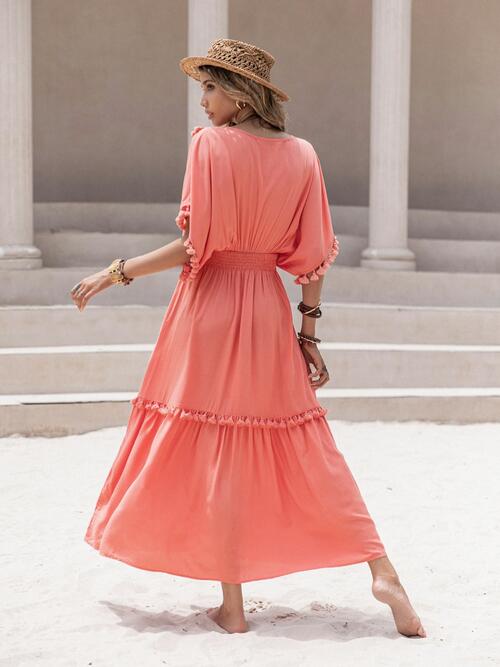 Tassel Trim Smocked V-Neck Short Sleeve Dress Bazaarbey