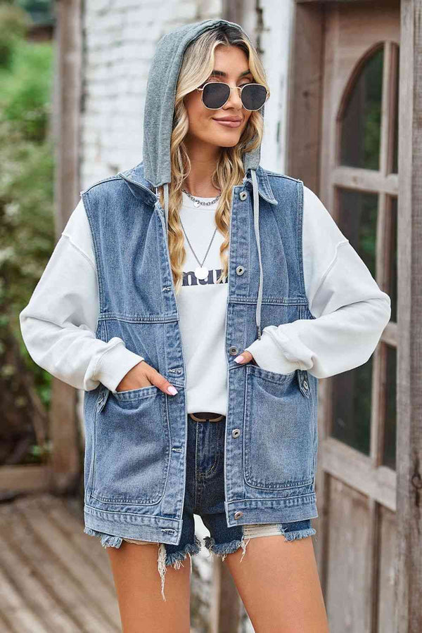 Sleeveless Denim Top with A Detachable Hood Bazaarbey