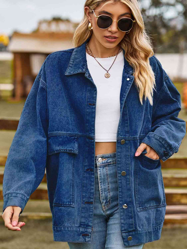 Dropped Shoulder Denim Jacket with Pockets Bazaarbey