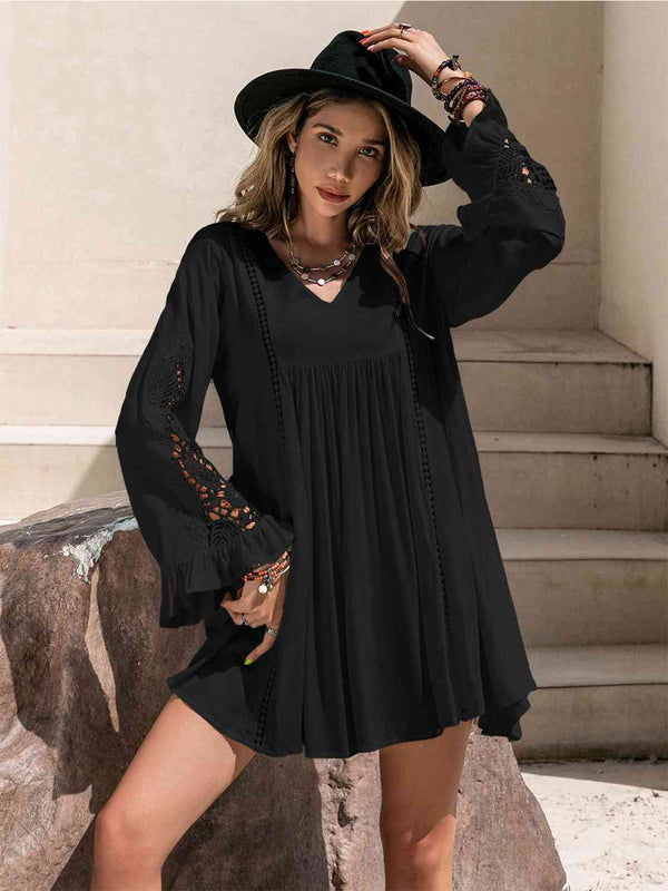 Lace Detail V-Neck Mini Dress Bazaarbey