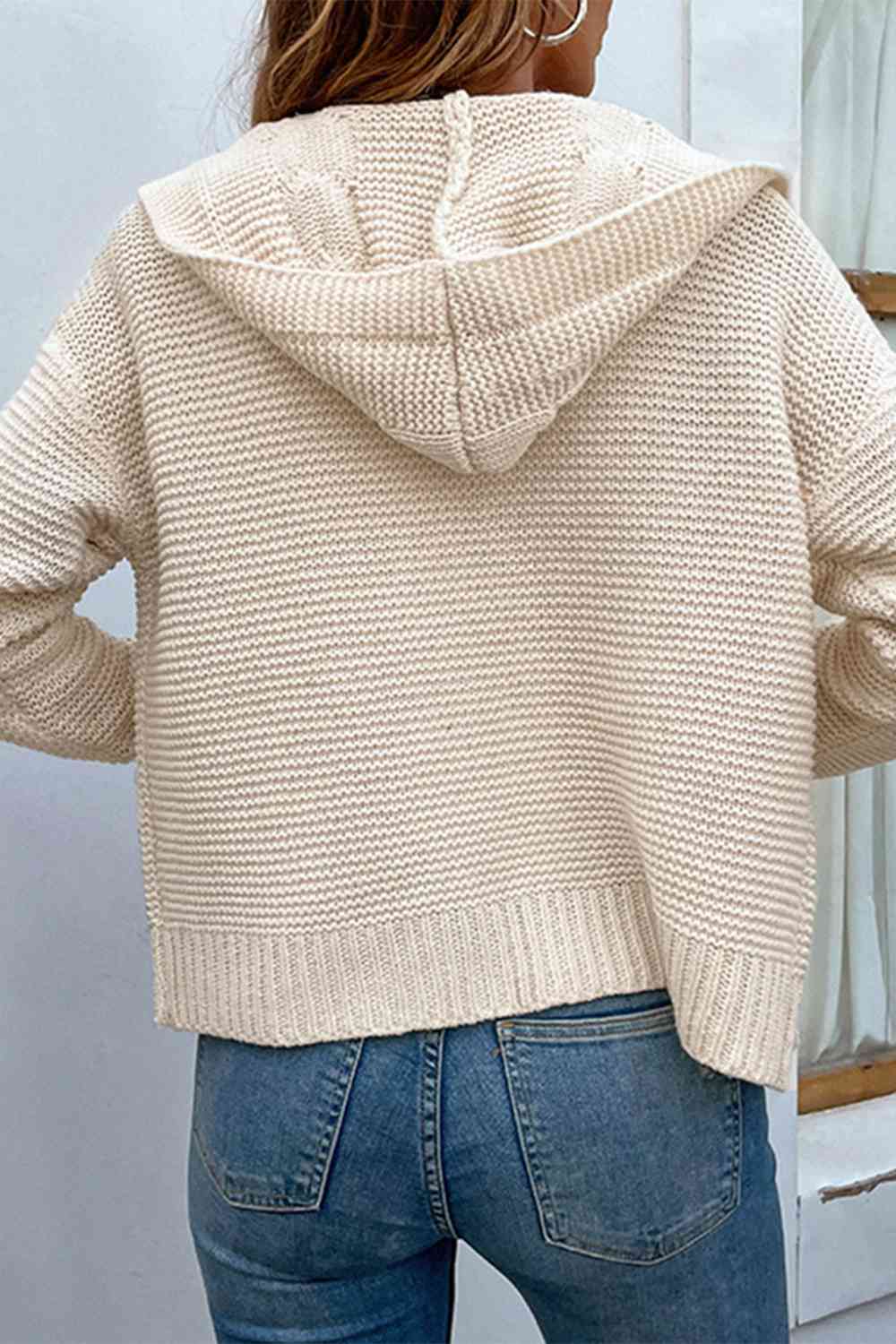 Cable-Knit Dropped Shoulder Hooded Cardigan Bazaarbey