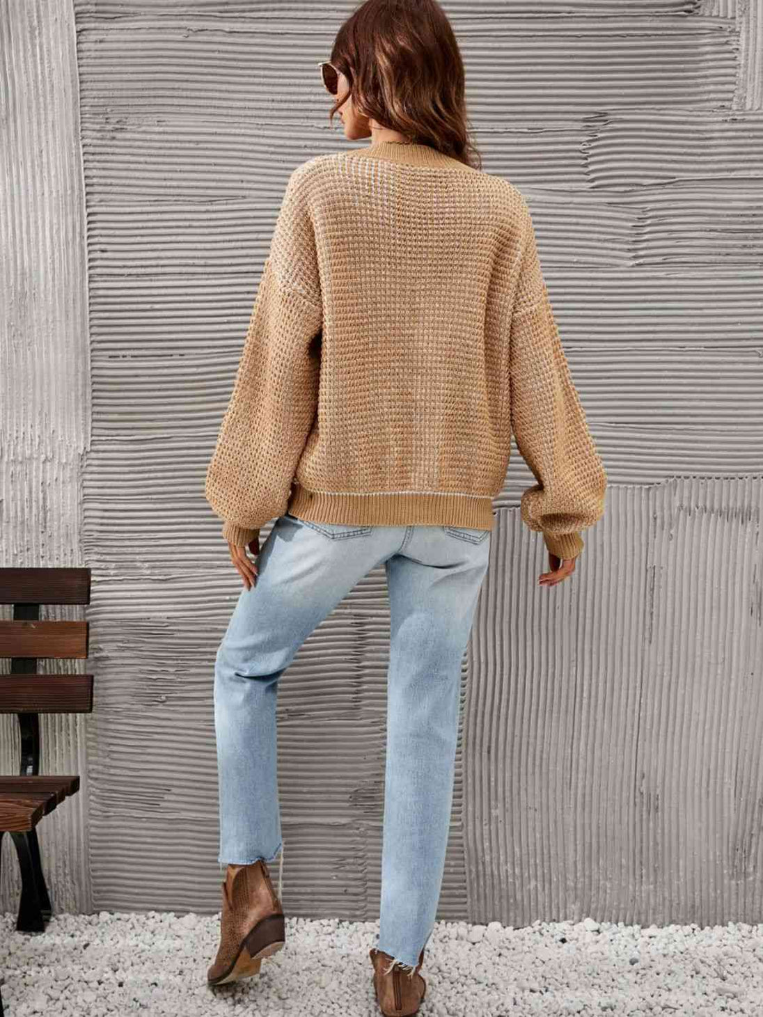 Heathered Lantern Sleeve Cardigan Trendsi