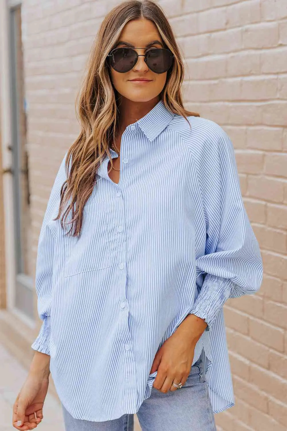 Striped Lantern Sleeve Collared Shirt Trendsi