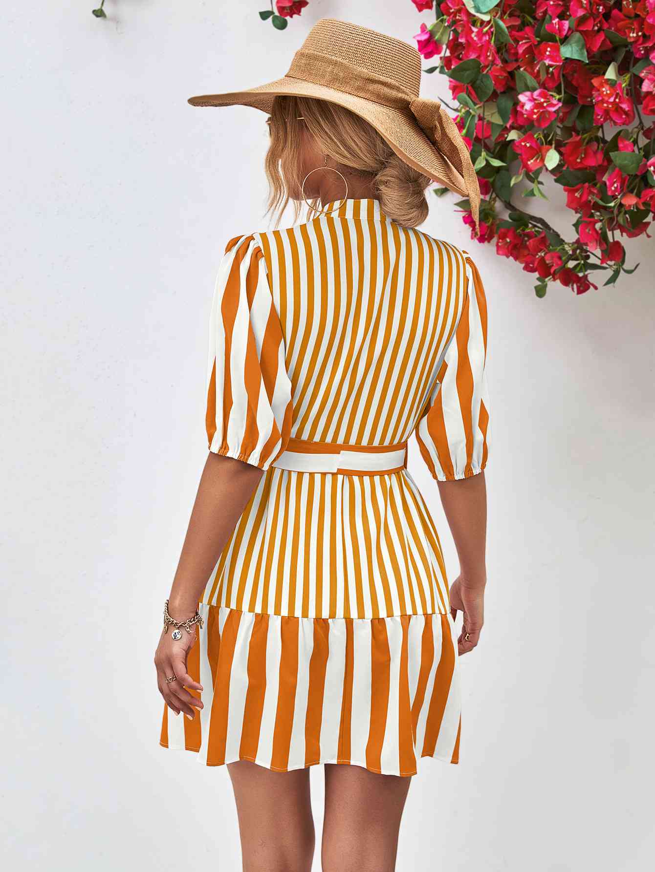 Striped Half Sleeve Tie Waist Mini Dress -BazaarBey - www.shopbazaarbey.com