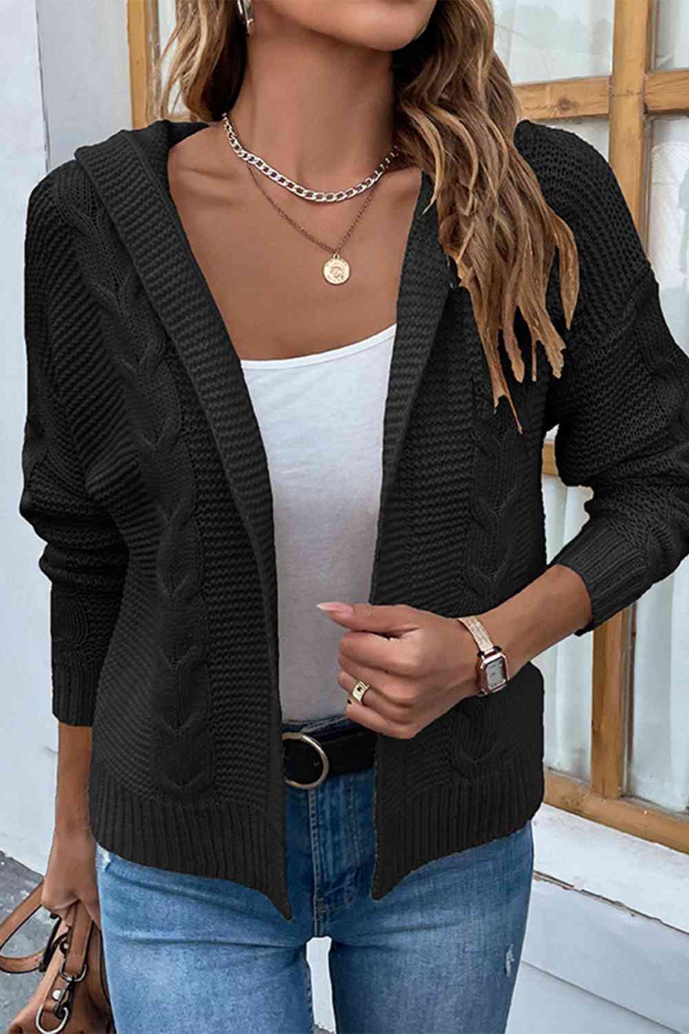 Cable-Knit Dropped Shoulder Hooded Cardigan Bazaarbey