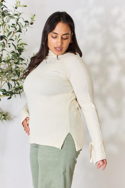 Heimish Full Size Ribbed Bow Detail Long Sleeve Turtleneck Knit Top Bazaarbey