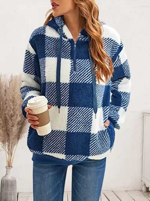 Plaid Half Zip Drawstring Hoodie Trendsi