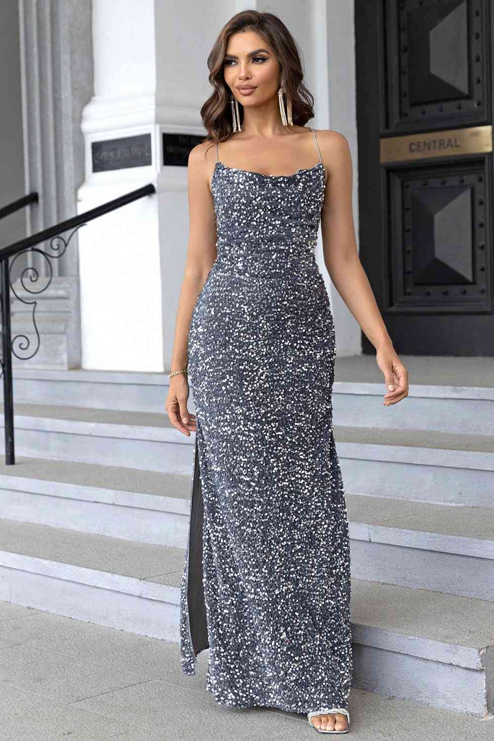 Sequin Backless Split Maxi Dress Bazaarbey