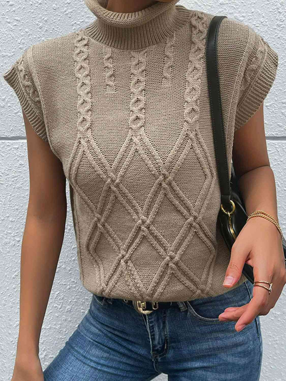 Mixed Knit Turtleneck Sweater Vest Trendsi