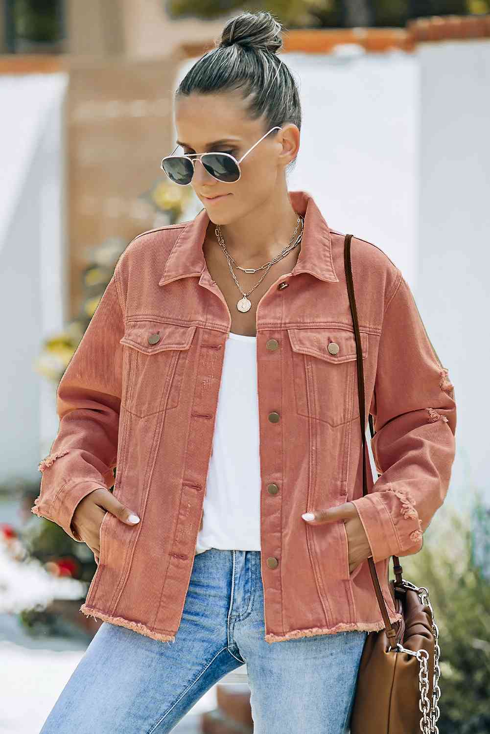 Distressed Raw Hem Denim Jacket Bazaarbey