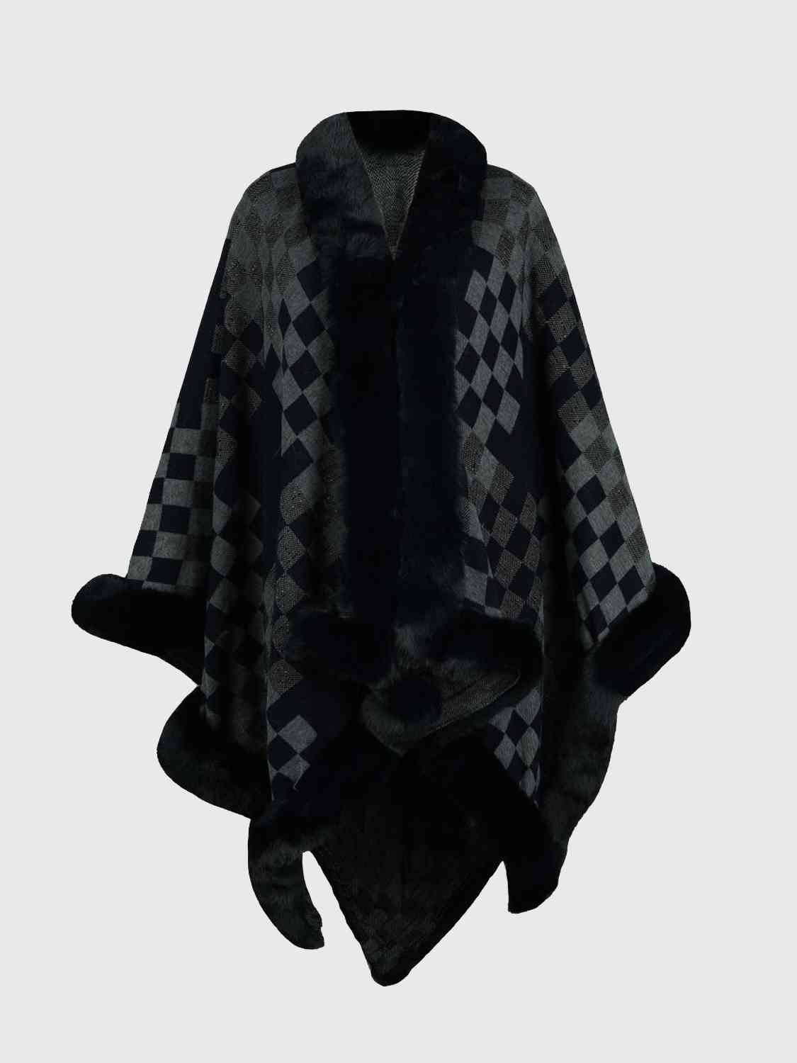 Checkered Faux Fur Trim Poncho Bazaarbey