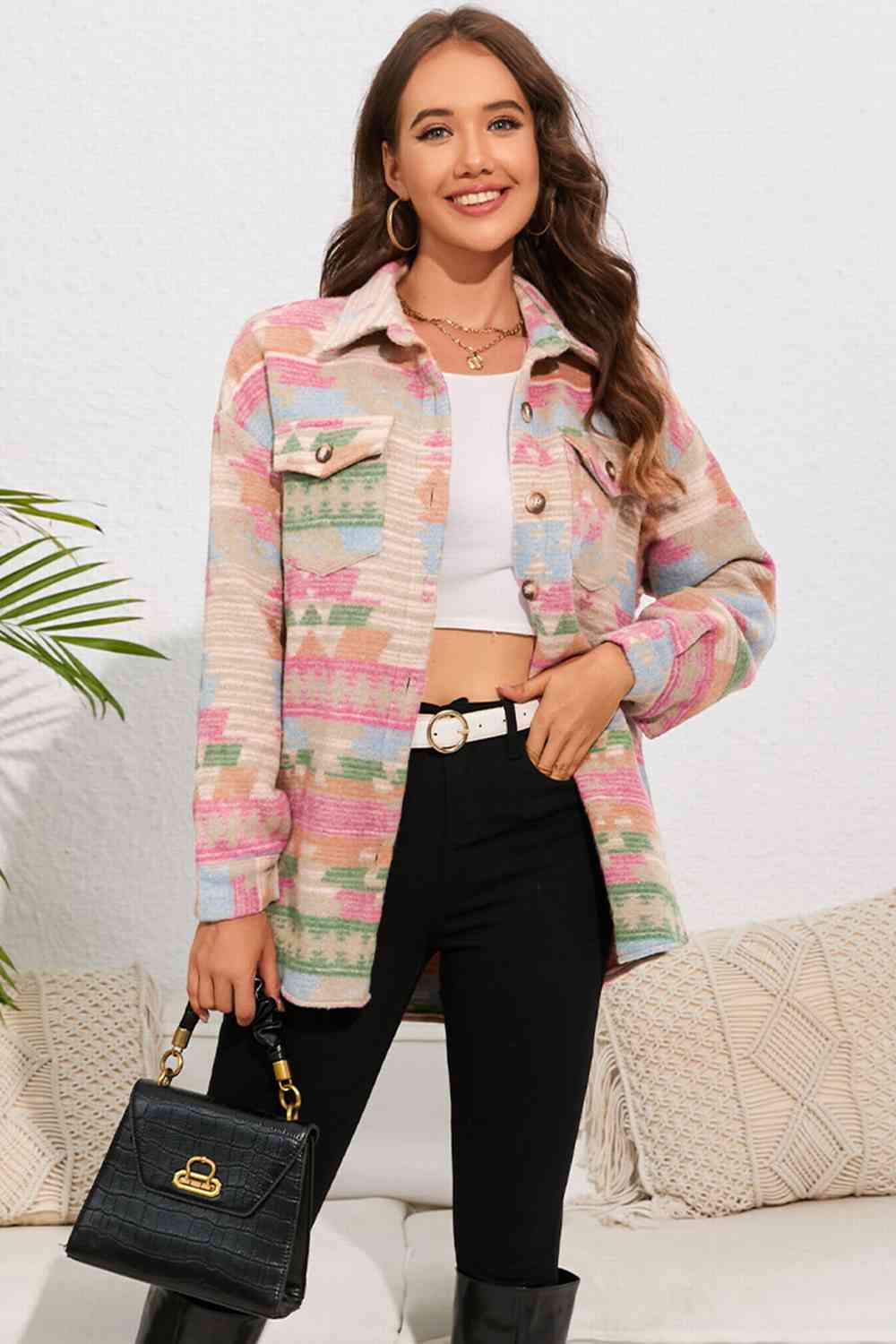 Geometric Button Down Collared Jacket Trendsi