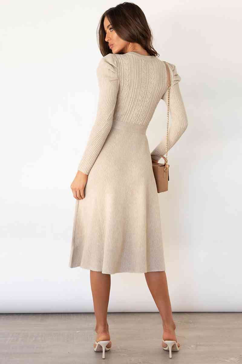 Round Neck Long Sleeve Tie Waist Sweater Dress Bazaarbey